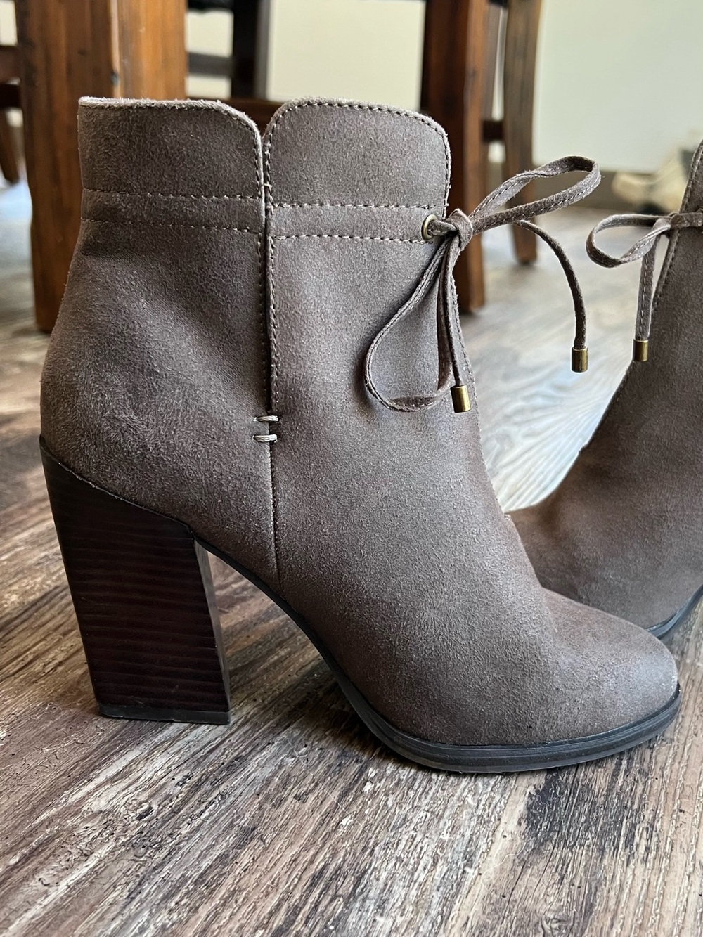 Sbicca Taupe Suede Tie-Front Block Heel Ankle Boots